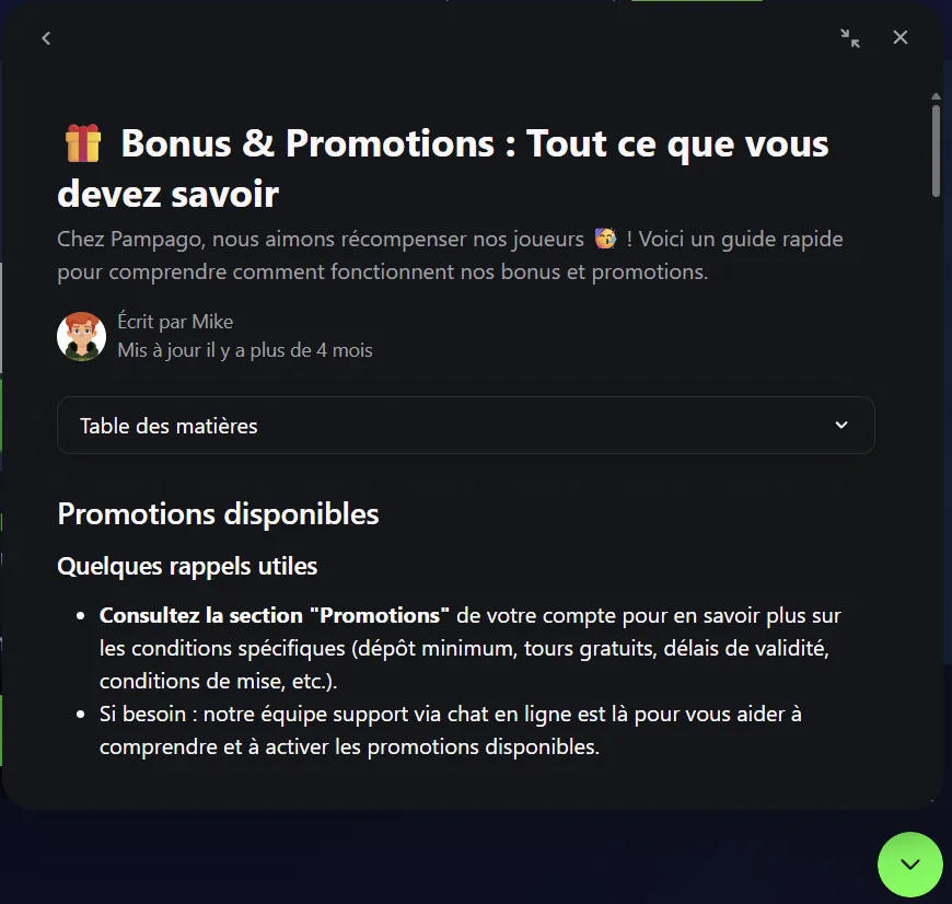 Support client Pampago Casino — chat en direct